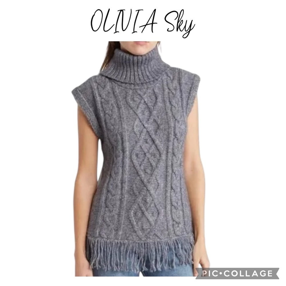 Olivia Sky cowl neck fringe cable knit sweater vest gray size L NWT